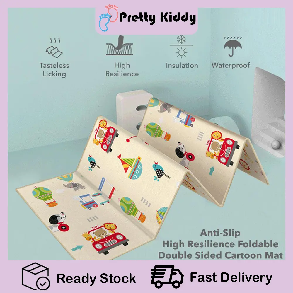 Playmat 02 Anti Slip Baby Foldable Double Sided Cartoon Mat (180 x 100x 1cm) Waterproof Children Crawling Learning Play Pad Tikar Kanak-Kanak (Free Carrying Bag) Animals Babies Lightweight Playing Touch Kartun