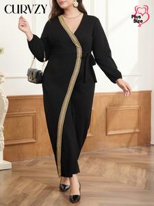 CURVZY Plus Size Patchwork Wrap Bishop Sleeve Jumpsuit, Elegant Tie Side Long Sleeve Jumpsuit for Party Holiday Vacation, Women's Clothes for All Seasons