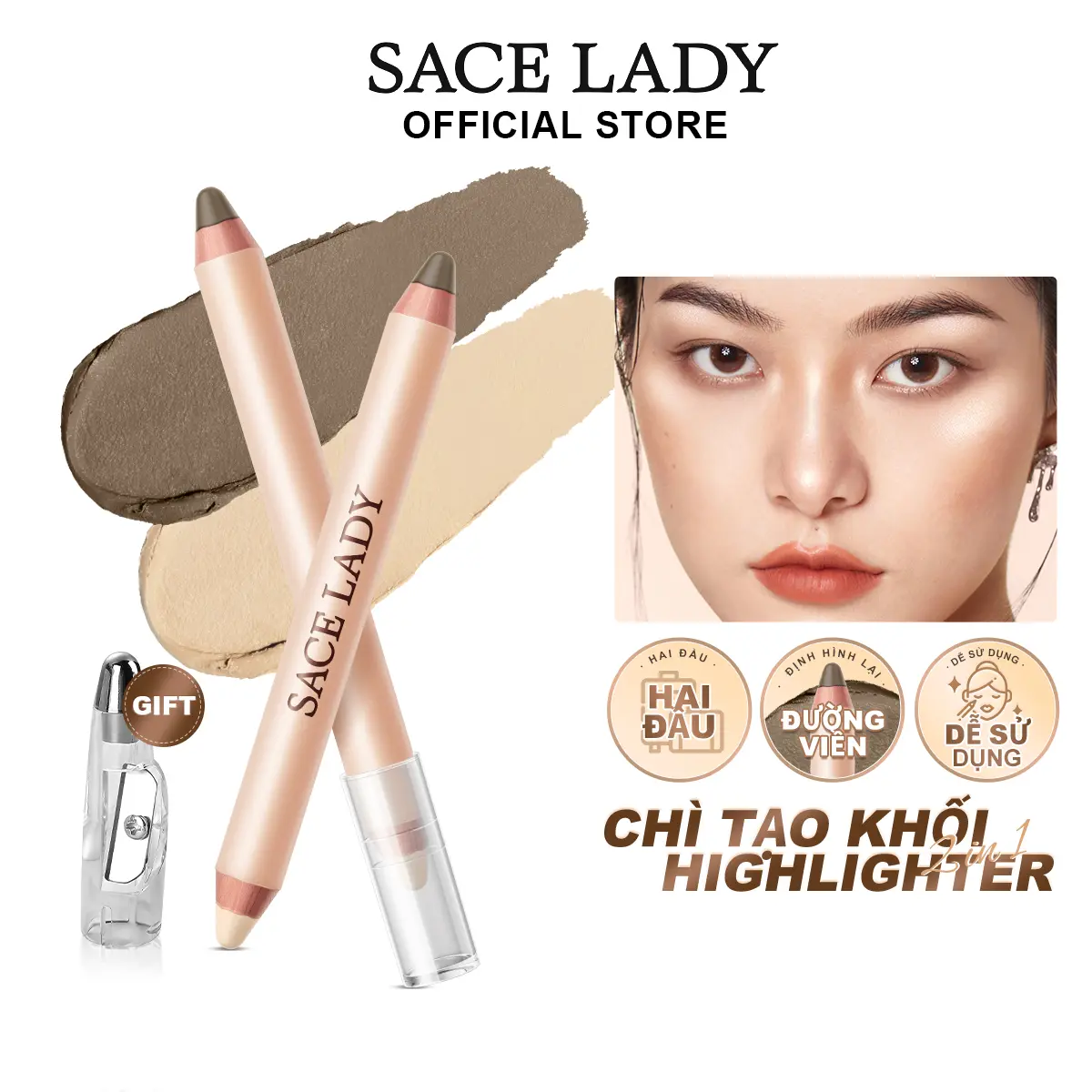 [COD] Bút Bắt Sáng Chính Xác Hai Đầu SACE LADY, Bút Chì Đồng Tinh Tế Vùng Đường Viền Tự Nhiên 3.2g