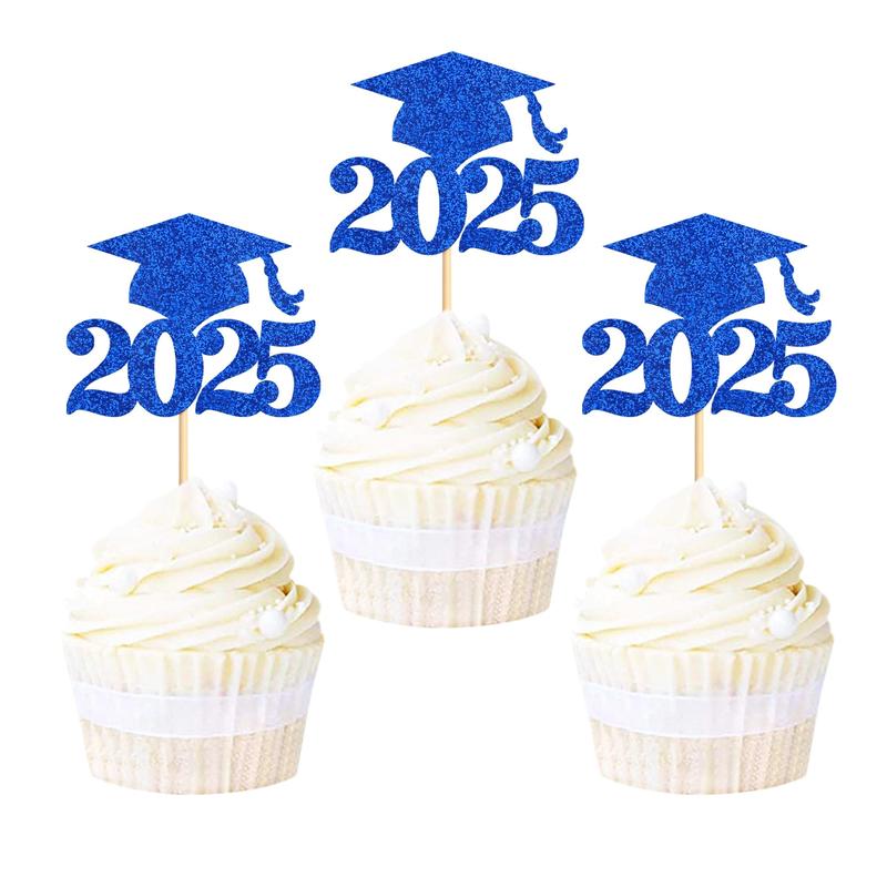 36 Pack 2025 Graduation Cap Cupcake Toppers Deep Blue Glitter Class Of ...