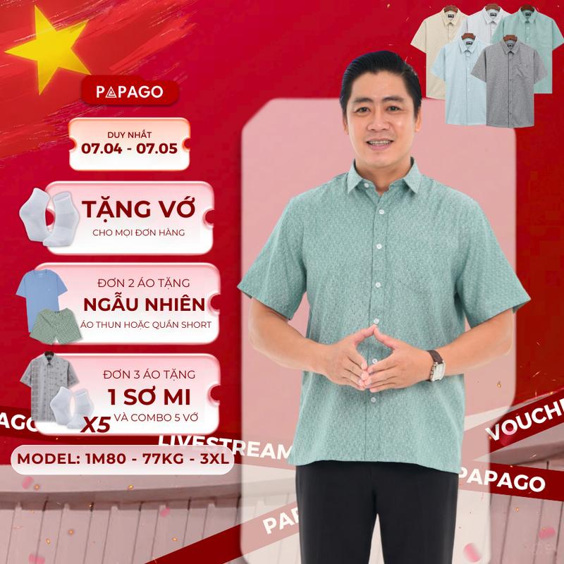 Áo sơ mi nam trung niên PAPAGO vải xô đũi tay ngắn lai ngang in họa tiết - P24SNHT008