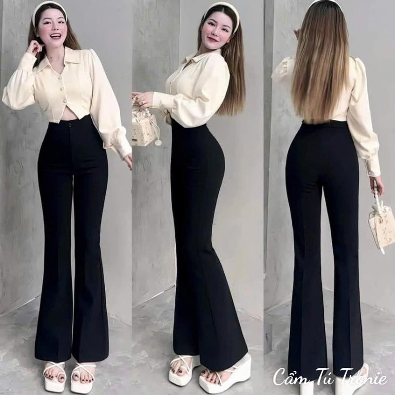 Quần Ống Loe Nữ Dài Cạp Lưng Cao Có Túi 1 2 Cúc Khuy Cài Chất Tuyết Mưa Hàn Màu Đen Quần Tây Ống Bass Vẩy Nữ Công Sở Làm Đi Học