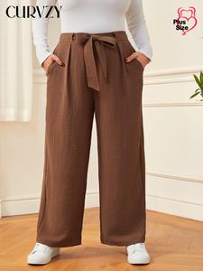 CURVZY Plus Size Solid Tie Front Pocket Wide Leg Pants, Casual Comfy Trousers for Daily Wear, Women's Bottoms for Spring & Fall