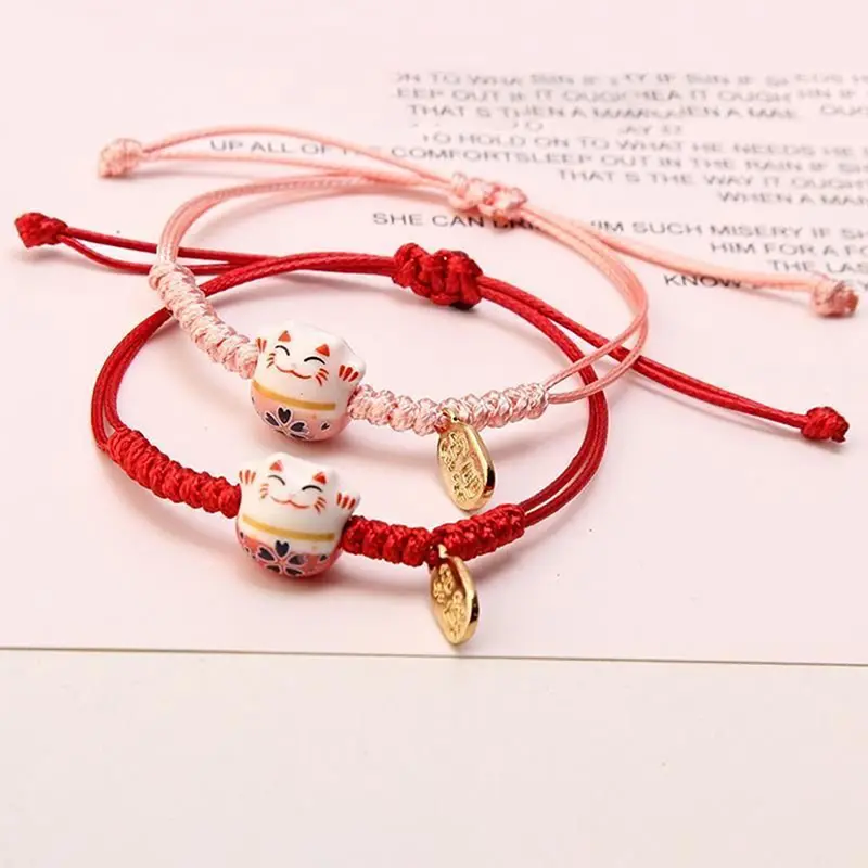 Simple Cute Ceramic Lucky Cat Bracelet Hand-woven Red Colors Rope Bangle Women Girls  Gift