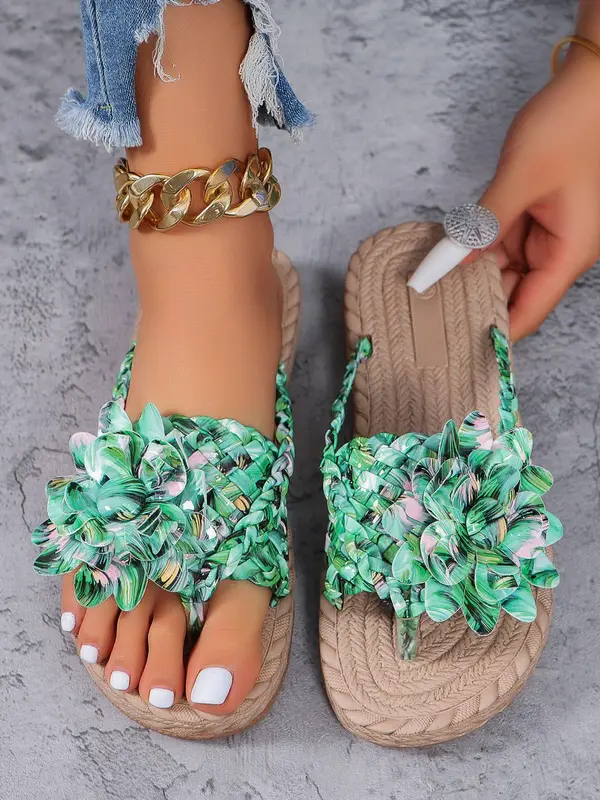 Women's Fashionable Flower Decorated Slides, Casual Boho Style Flat Sandals for Summer, Trendy Exquisite Slide Sandals for Women & Girls, Shoe 5