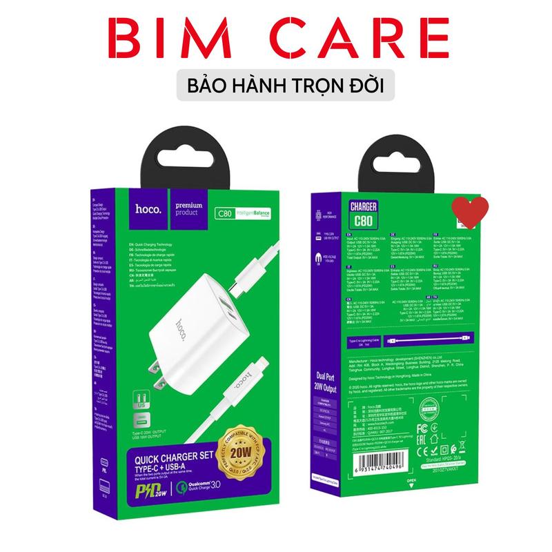 Bộ củ cáp dây sạc nhanh (cốc+cáp ) 2 cổng Hoco C80A 20w cho Táo và android (QC và PD) – BIM CARE Sạc Điện Thoại Phone