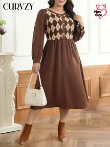 CURVZY Plus Size Colorblock Patchwork Plaid Button Front A Line Dress, Casual Long Sleeve Round Neck Dress for Fall & Winter, Women's Clothes for Daily Wear