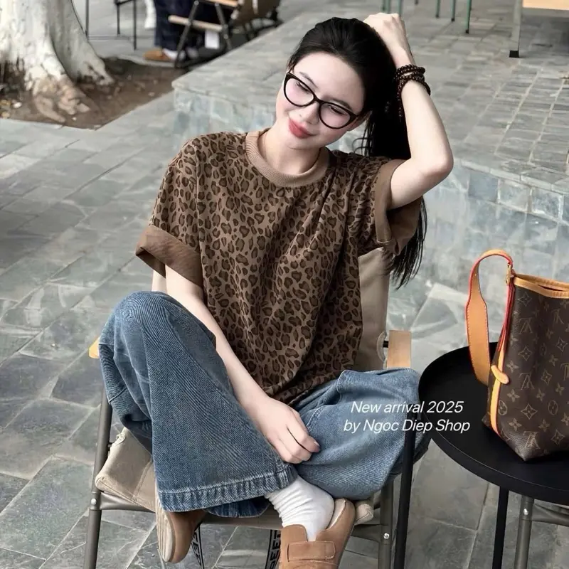 Áo thun cộc tay da báo freesize 40-70kg nam nữ Top Cổ Tròn Women Voan