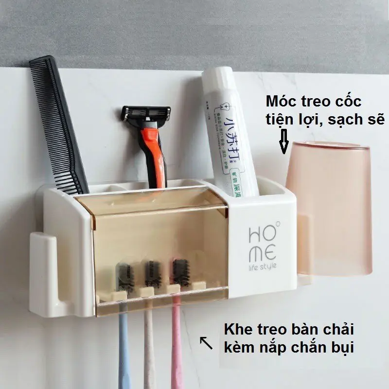 Kệ  bàn chải đánh răng HOME có nắp đậy  ,Kệ phòng tắm treo bàn chải dán tường