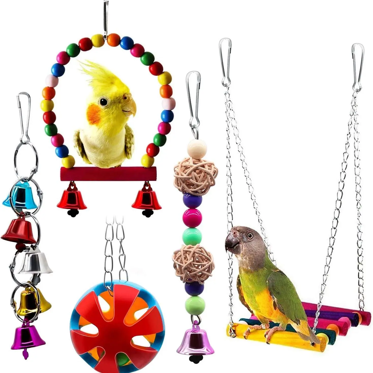 Bird Swing Toy Set with Bell, 5 Counts/set Pet Parrot Cage Hammock Hanging Toys, Pets Habitat for Companion Bird Cone-tail Parakeet Finch Parakeet