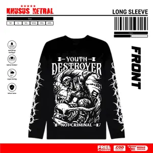Baju Kaos Longsleeve  Netral Desain Terbaru Youth Destroyer Model Casual Distro Sablon Dtf Full Punggung T shirt Kata Kata 24s Reguler Hitam Ars88store EC4