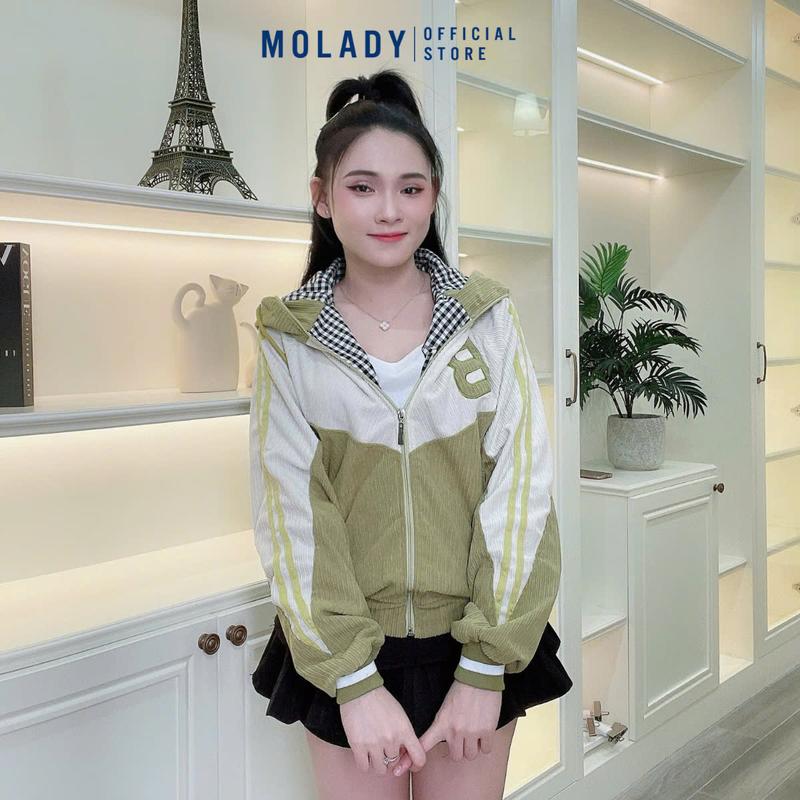Product Introduction of Áo Khoác Nhung Nữ MOLADY K376 Có Nón Thiết Kế Khoá Kéo Lót Caro Phối Màu Top Jacket 30