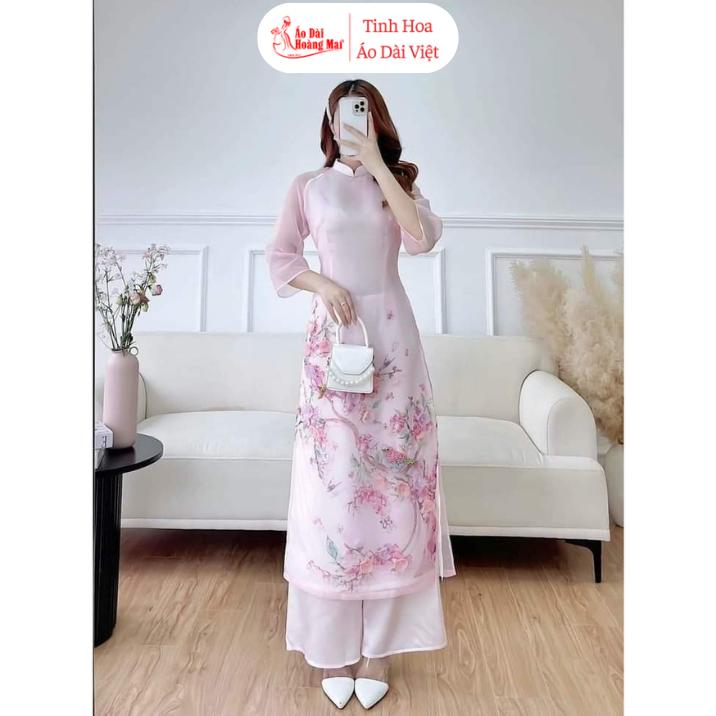 Áo dài cách tân nữ Mộc trà hoa đào hồng phấn 4 tà lót lụa cao cấp- Mặc Tết Đi Lễ Chụp Ảnh - Áo Dài Hoàng Mai
