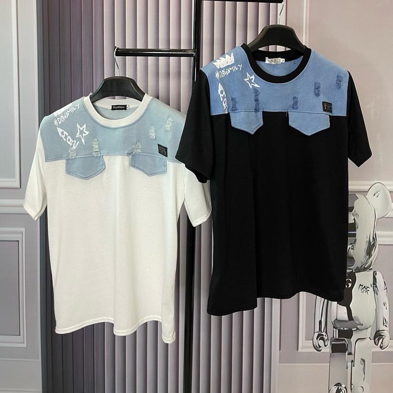 Áo Phông Phối Bò DG nam nữ Cực Cháy Cổ Tròn Cotton Menswear Trắng Màu Đen