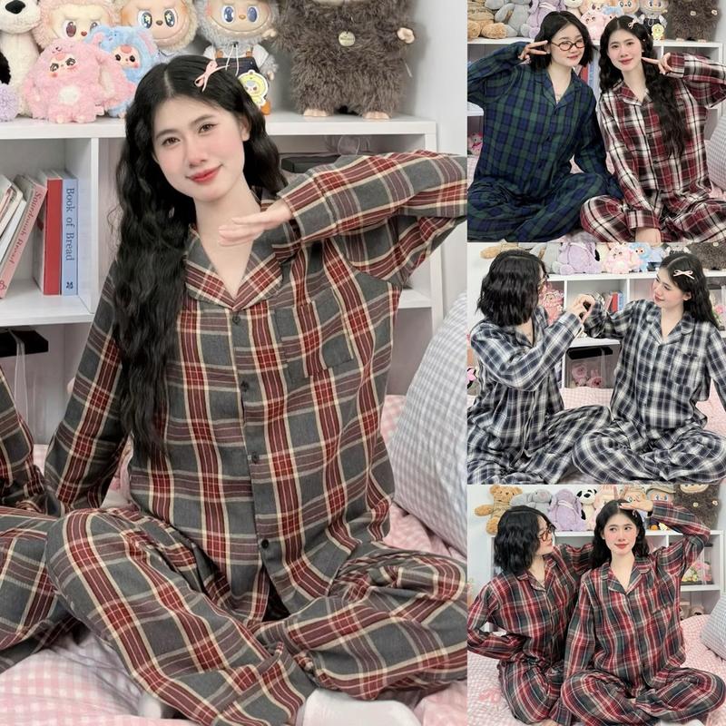 Có bigsize 80kg- Set bộ quần áo dài Flannel caro dạ mỏng thô mềm cao cấp tặng scrunchies ngẫu nhiên