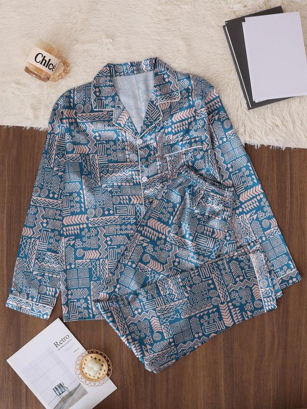 Two-Piece Set Men's All Over Print Contrast Binding Lapel Shirt & Elastic Waist Pants Satin Pyjama Set, Casual Comfy Long Sleeve Button Front Pocket Top & Trousers PJ Set, Men's Sleepwear for Spring & Fall 6
