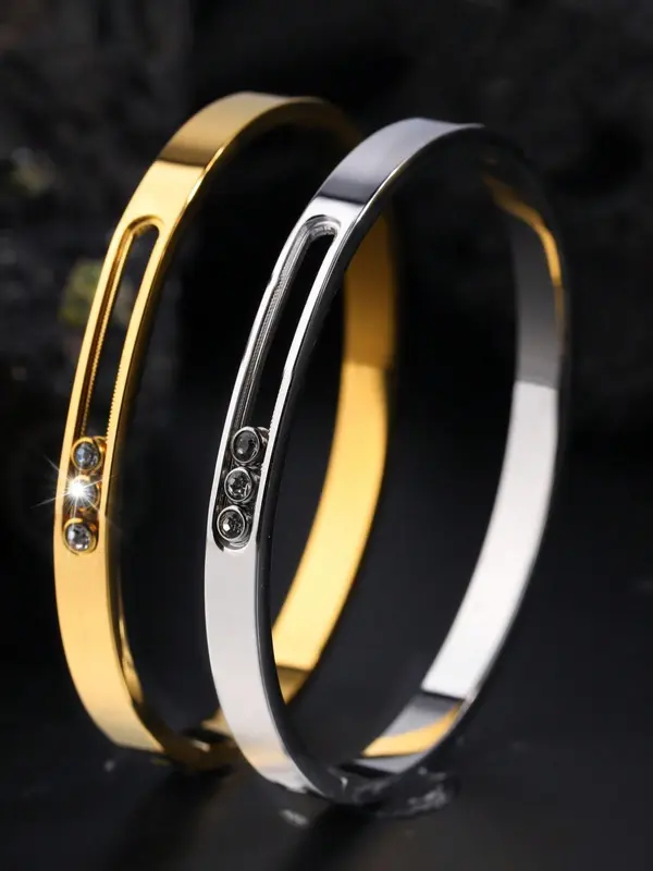 Fashionable and Simple Stainless Steel Sliding Three Diamond Bracelet, Vacuum Plated Bracelet, Suitable for Daily Clothing, Party Accessories, Gifts 0