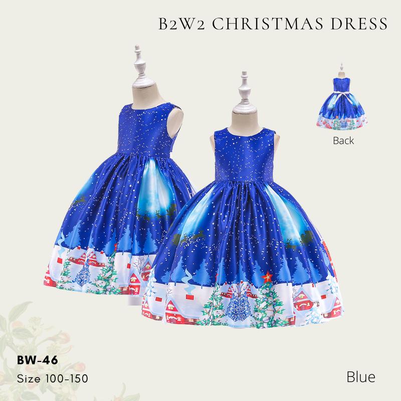 [BrandedBaby] Baju Dress Natal Anak Perempuan Satin Printing Lengan Kutung Kids Fashion 3