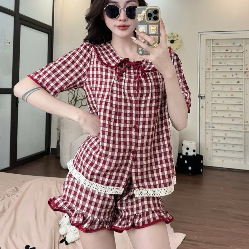 Bộ mặc nhà tiểu thư quần đùi áo cộc cổ sen kẻ caro Mẫu mới 2025 0