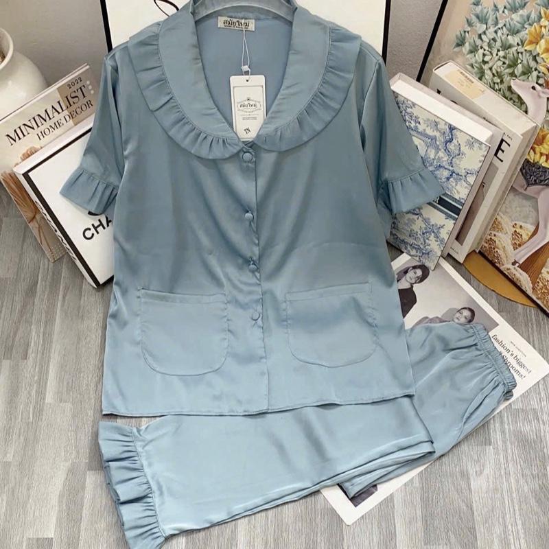 Bộ đồ mặc nhà pizama tay ngắn quần dài CỔ BÈO phối voan chất vải lụa latin mềm mịn dành cho nữ từ 40-60kg pijama ngủ áo hai 5