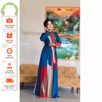 Áo dài in 3D Hoạ tiết đẹp cổ vuông tay phồng vải lụa nhật - Áo Dài Hoài Trang