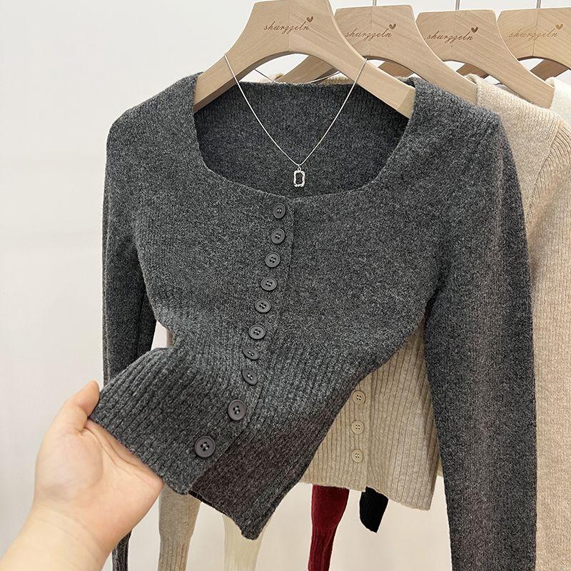 Áo Len Đỏ, Dệt Kim, Dài Tay, Dành Cho Nữ, Mùa Thu Và Mùa Đông, Thiết Kế Đẹp, Cổ Áo Vuông, Áo Cardigan Dệt Kim, Có Thể Mặc Bên Trong, Áo Cơ Sở Kiểm Soát Eo, Chủ Đề Giáng Sinh Và Năm Mới 3