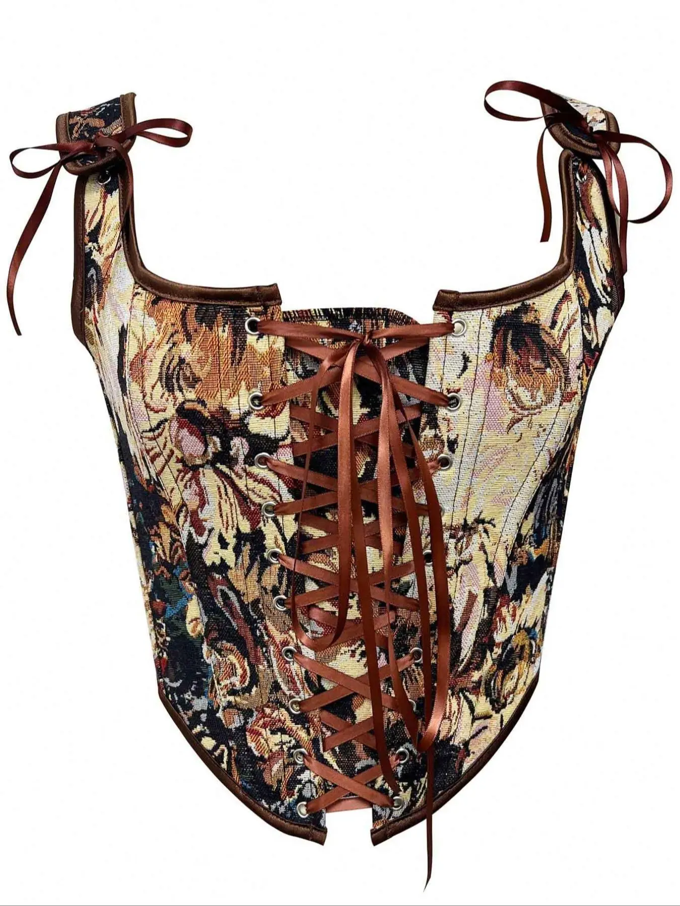 Women's Floral Print Bow Front Lace Up Shapewear Tank Top, Tummy Control Grommet Eyelet Corset Top, Fashion Shaper for Women