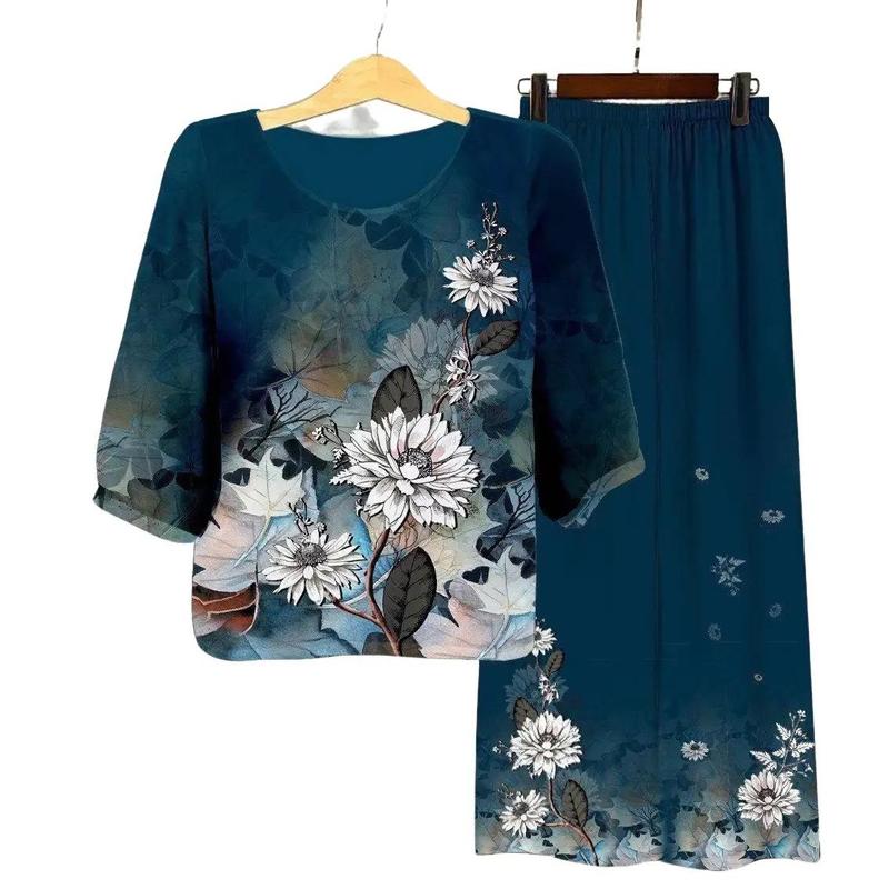 Đồ bộ in hoa trung tuổi nữ mặc nhà nhiều màu nhiều họa tiết nổi bật Nữ Women Voi Áo Top Polo Sen Kem Hoa Sen Quần Ngủ Áo ngủ Pijama