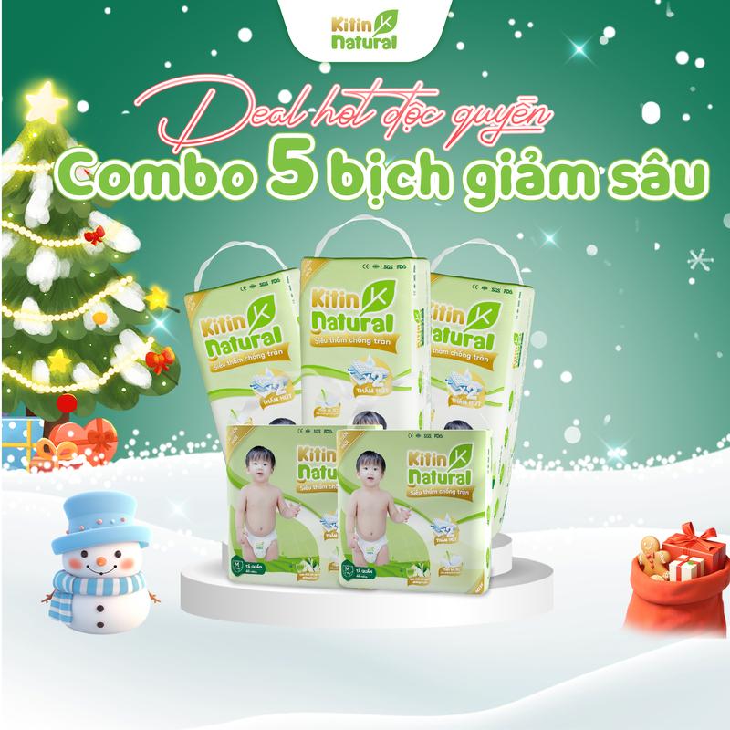 [GIẢM SÂU - COMBO 5 BỊCH BỈM] Bỉm Kitin Natural đủ size cho bé từ Newborn đến 4XL, mỏng nhẹ, thấm hút tốt, ngừa hăm cho trẻ sơ sinh