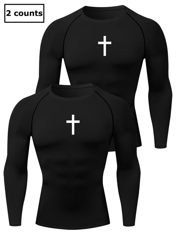 Men's Cross Print Round Neck Sports Tee, Tight Sporty Quick Drying Breathable Long Sleeve T-shirt, Men's Sportswear for Spring & Fall Gym Workout, Graphic Tees, Workout Clothes 6