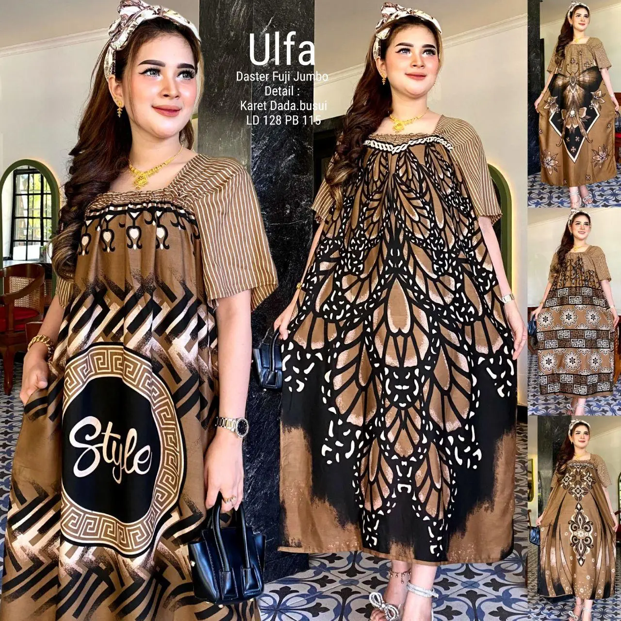 DASTER FUJI MOTIF TERBARU ULFA/DRESS IBU MUDA KEKINIAN/DASTER JUMBO Busui Coklat Karet Rayon Wanita   Pendek
