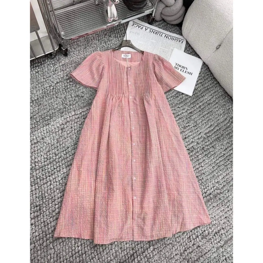 Váy đầm bầu babydoll kẻ hồng xếp ly ngực siêu xinh 45-70kg