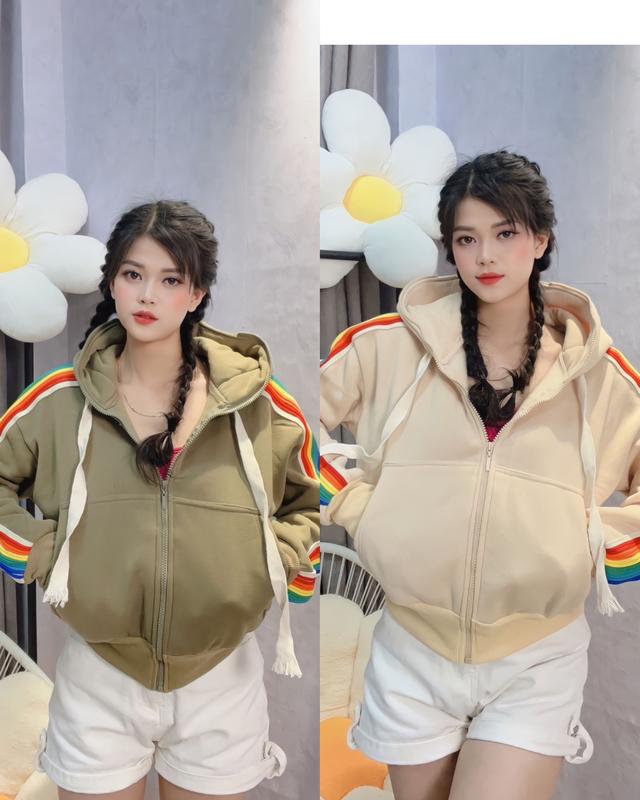 Áo Khoác Phối Dây Màu Cầu Vồng, Chất Nỉ Dày Mịn, 4 Túi, Nón To Top Nữ aokhoac ni