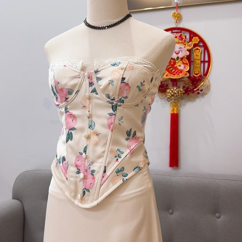 ( Ảnh thật ) Set áo croset in nhiệt hoa 5D phối chân váy lụa Tô châu cao cấp quyến rũ Dress Nữ Ren Women Bo Chun Voan 6