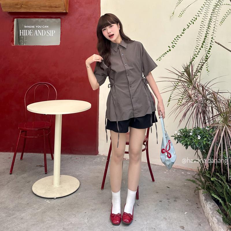 Set áo sơ mi nữ phối dây buộc hai bên eo tôn dáng kèm quần short cạp chun phong cách ulzzang HAVANA SAT237