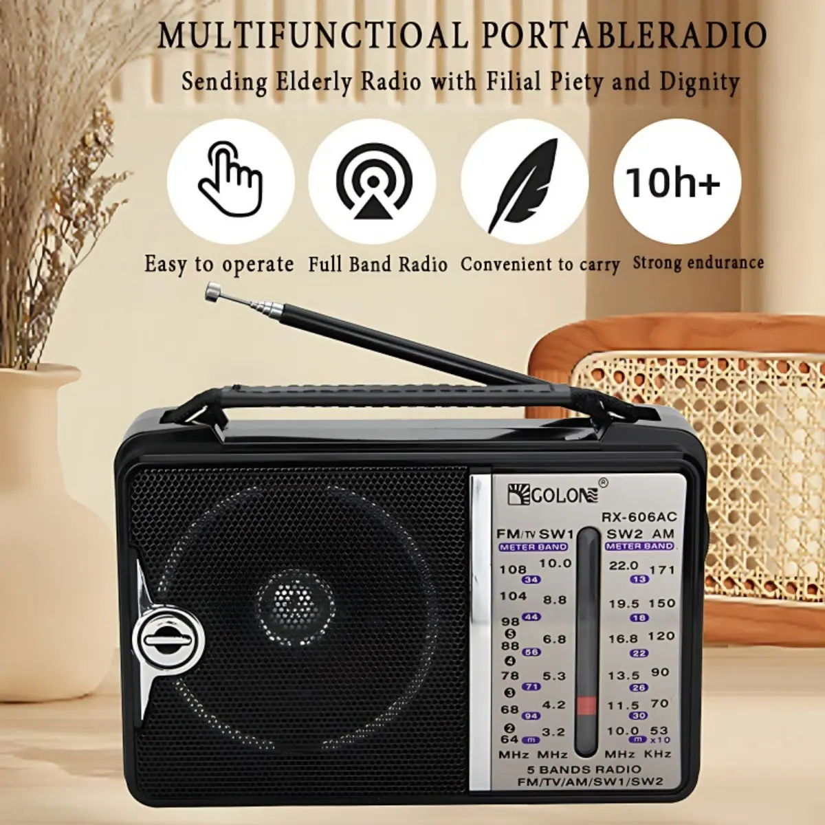 SW-606AC Radios FM/AM/SW1/SW2 4 Band Portable Radio Multiband Radio ReceiverKNGZ