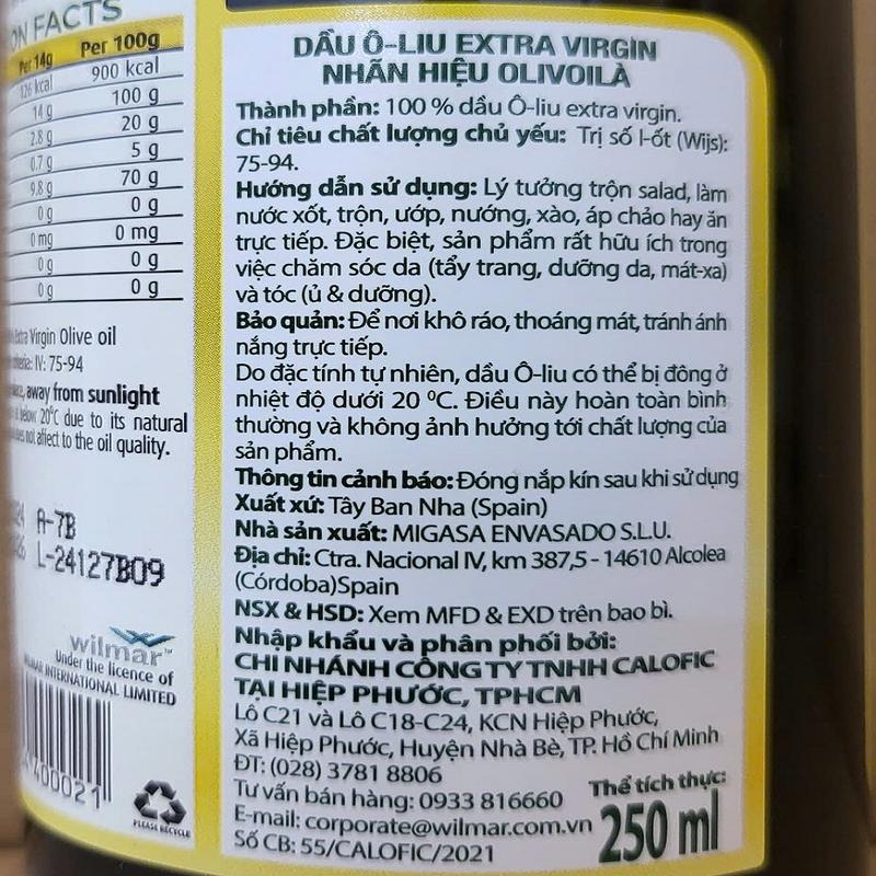 OLIVOILA (chai nhỏ 250ml) DẦU Ô LIU ÉP LẠNH NGUYÊN CHẤT TBN Extra Virgin Olive Oil (HALAL) 5