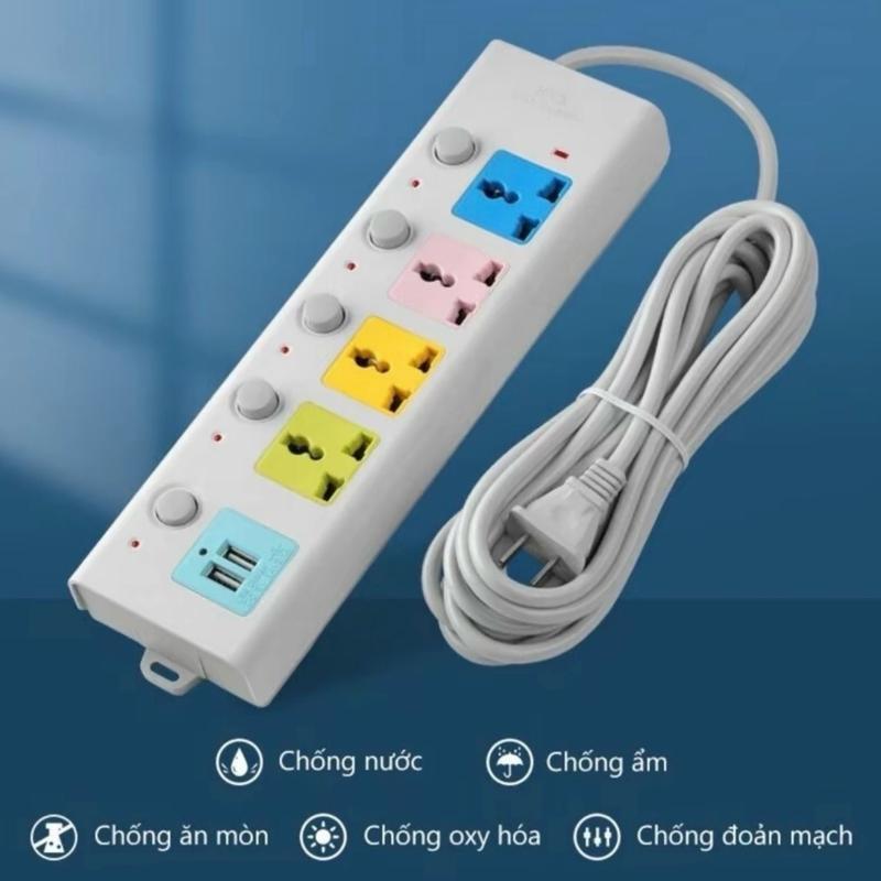 Ổ Cắm Điện USB Đa Năng Cao Cấp Chống Giật Dây Dài 2-5m, 2 Cổng Cắm USB Có Chốt An Toàn Tiện Dụng