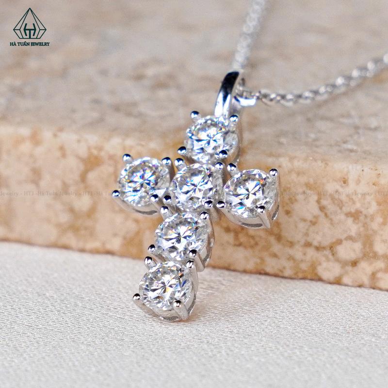 Dây Chuyền Bạc 925 Xi Kim Mặt Liền Thánh Giá Đính FULL Moissanite 3mm N619 Hà Tuấn Jewelry