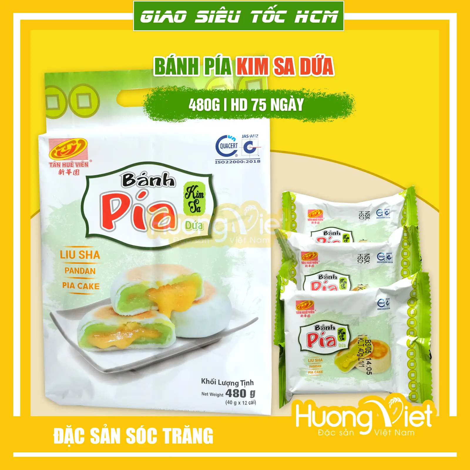 Bánh Pía Kim Sa Trứng Muối Tan Chảy Tân Huê Viên, bánh pía mini gói 12 bánh 480gr, bánh pía kim sa đậu, kim sa trà xanh, kim sa lá dứa, kim sa mè đen, kim sa đậu đỏ, bánh Trung Thu, bánh kẹo tết, đồ ăn vặt Hương Việt Mart