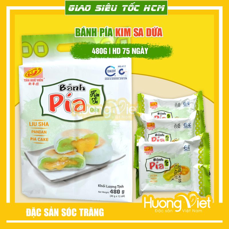 Bánh Pía Kim Sa Trứng Muối Tan Chảy Tân Huê Viên, bánh pía mini gói 12 bánh 480gr, bánh pía kim sa đậu, kim sa trà xanh, kim sa lá dứa, kim sa mè đen, kim sa đậu đỏ, bánh Trung Thu, bánh kẹo tết, đồ ăn vặt Hương Việt Mart