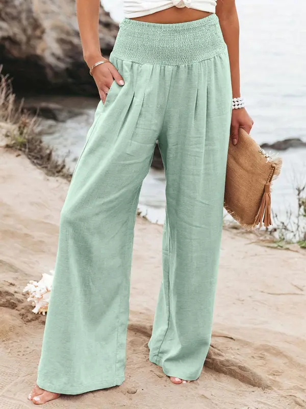 Women's Plain Pocket Shirred Wide Leg Pants, Summer Outfits 2024, Casual Comfy High Waist Straight Leg Trousers for Summer, Fashion Women's Bottoms for Daily Wear 7