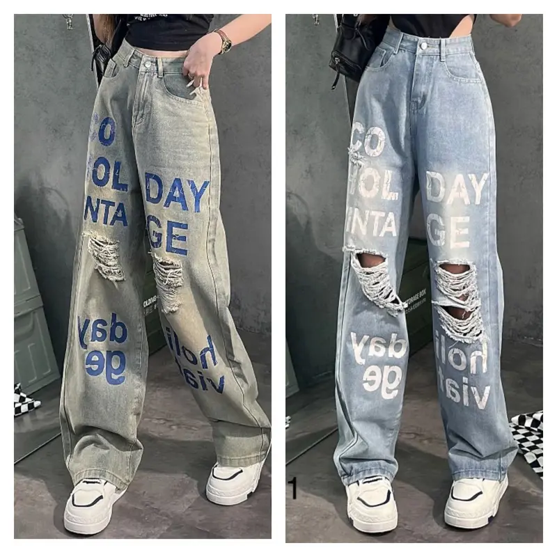 Quần Jeans Nữ Dáng Suông ,Quần Bò In Chữ Rách Kiểu Lưng Cạp Cao Chất Vải Dày Dặn Cao Cấp Chuẩn Đẹp Women Pants Kem 1