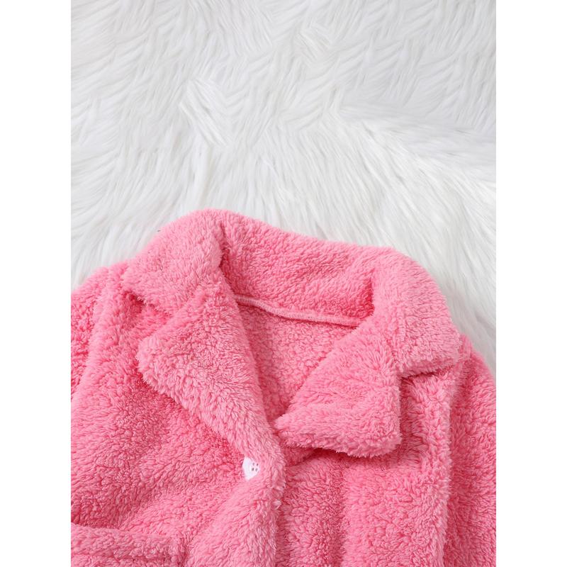 Girls Plush Jacket, Long Sleeve Turn-down Collar Button Closure Winter Jacket Casual Coat 5