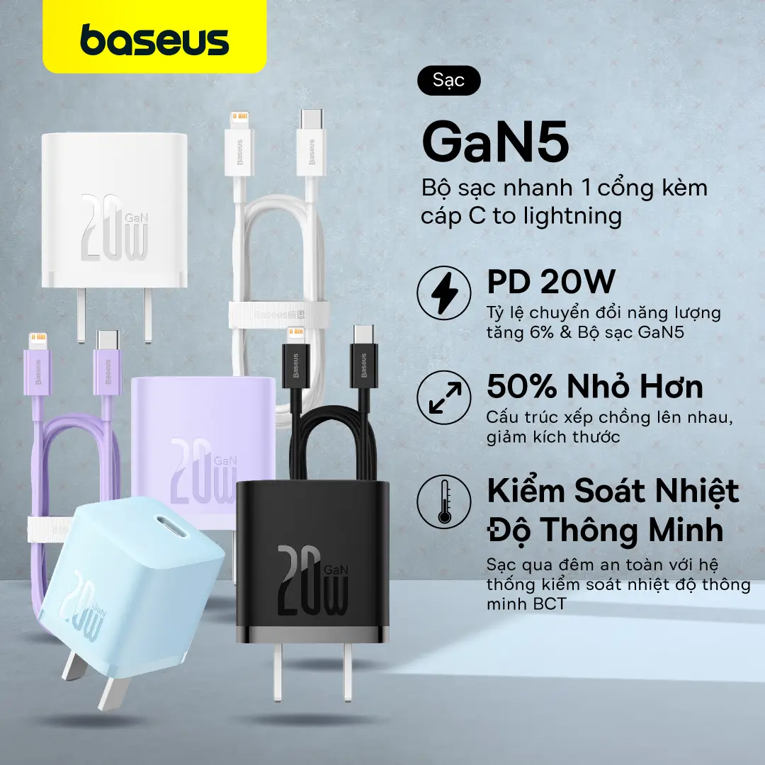 BỘ SẠC NHANH Baseus 20W GaN5 cáp lightning dành cho Iphone 6 - 14/ Ipad Phụ Kiện