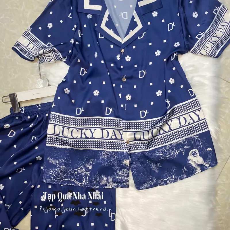 [PJM104] Bộ pijama latin tơ tằm họa tiết hoa và chữ,cổ truyền thống TNQD