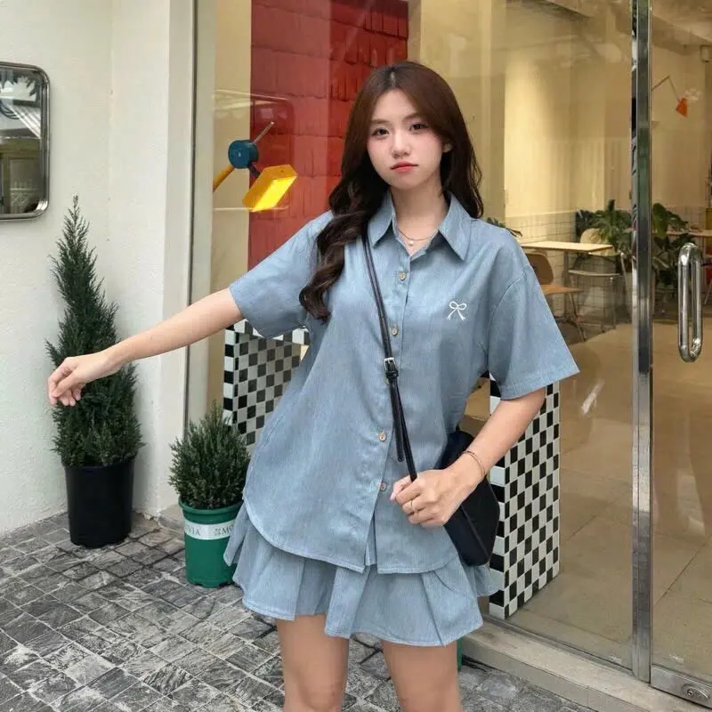 BIGSIZE HIẾU HIẾU (55-95KG) - Set bộ thời trang màu XANH Áo sơ mi tay ngắn thêu nơ + Chân váy tầng
