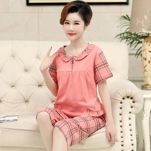 Cotton Pajamas for Mom Short Sleeve Round Neck Two Piece Sets Night-Clothes Women Checked Sleepwear