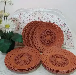 Piring anyaman rotan Plastik isi 12 pcs - cokelat / piring plastik / piring anyam segi