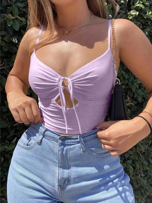 Women's Cut Out Ruched Crop Cami Top, Casual Solid Drawstring Cropped Top for Summer, Fashion Women's Spaghetti Strap Top for Daily Wear, Minimalist Womenswear Valentine's Day, Gift 2